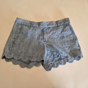 J.Crew Chambray Scallop Hem Shorts Women's 4 Blue Linen Blend Pockets Summer